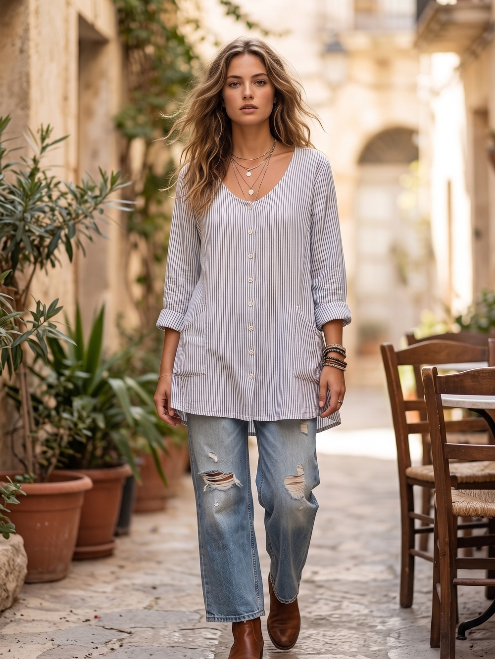 Tulip Striped Cotton Tunic Top Lagenlook Coastal Granddaughter White Grey